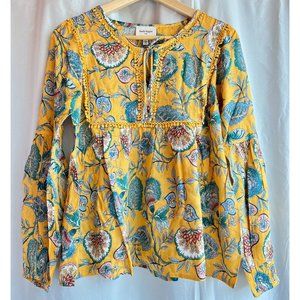 Haute Hippie Tribe Avery Peasant Blouse Sunflower Floral Long Sleeve Tie XXS